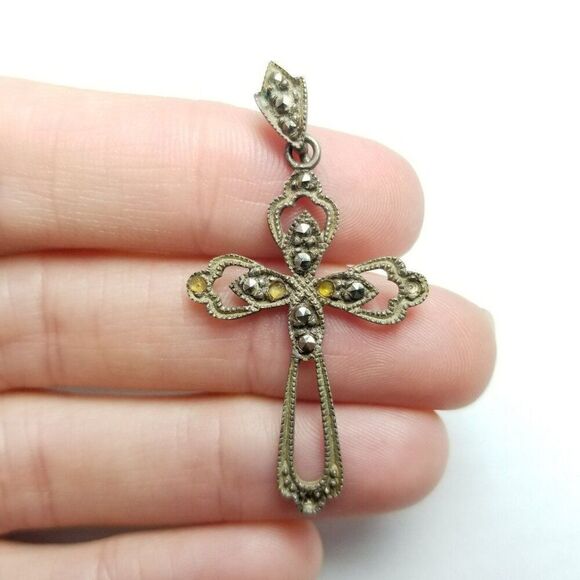 Vintage Sterling Silver and Marcasite Cross Pendant, Cut Out Design, Estate - Picture 7 of 8